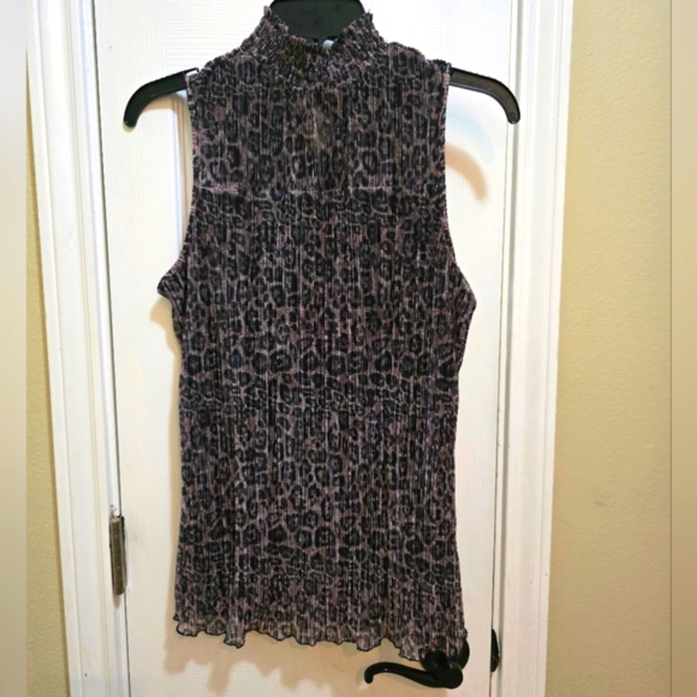 Adrianna Papell Leopard Pleated Blouse with Mandarin Collar